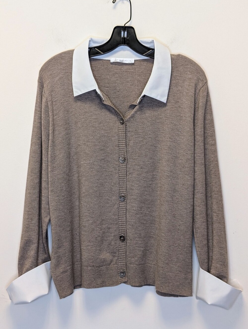Sioni Milano Layered Look Button Front Cardigan Sweater Taupe Ivory XL